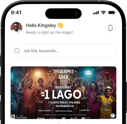 ShowKonnect app on a phone: home screen with jobs and featured events